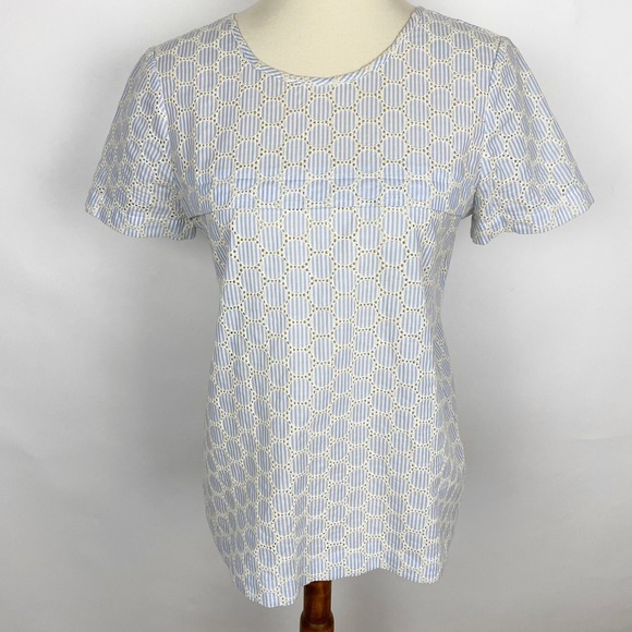 J Crew Blue White Striped Eyelet Lace SS Pullover Blouse Womens Size 2 - Picture 1 of 6
